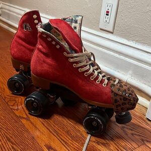 Stylish Red Suede Roller Skates with Leopard Detail